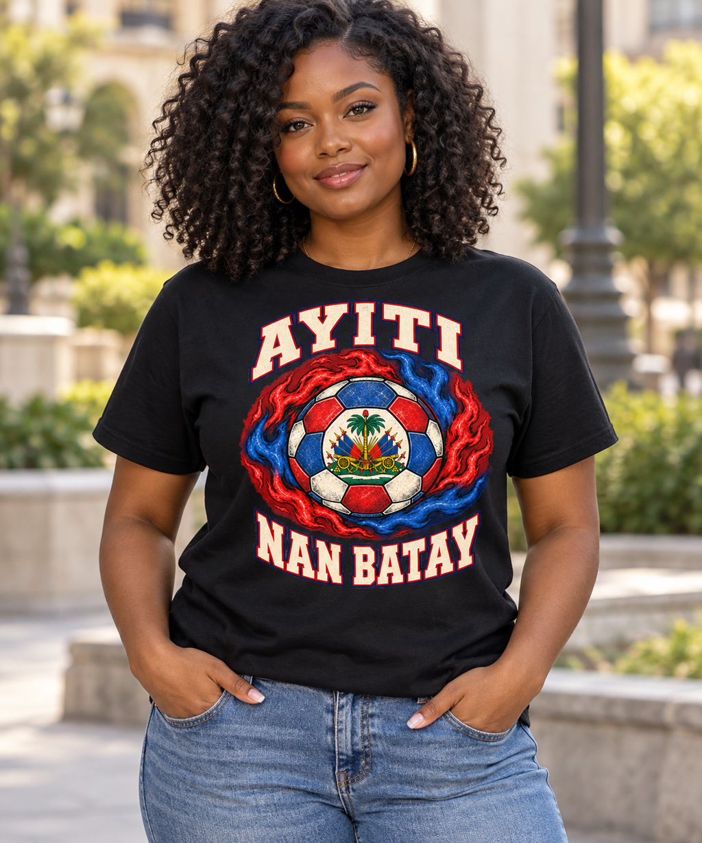 Female model wearing the black Ayiti Nan Batay flame T-shirt