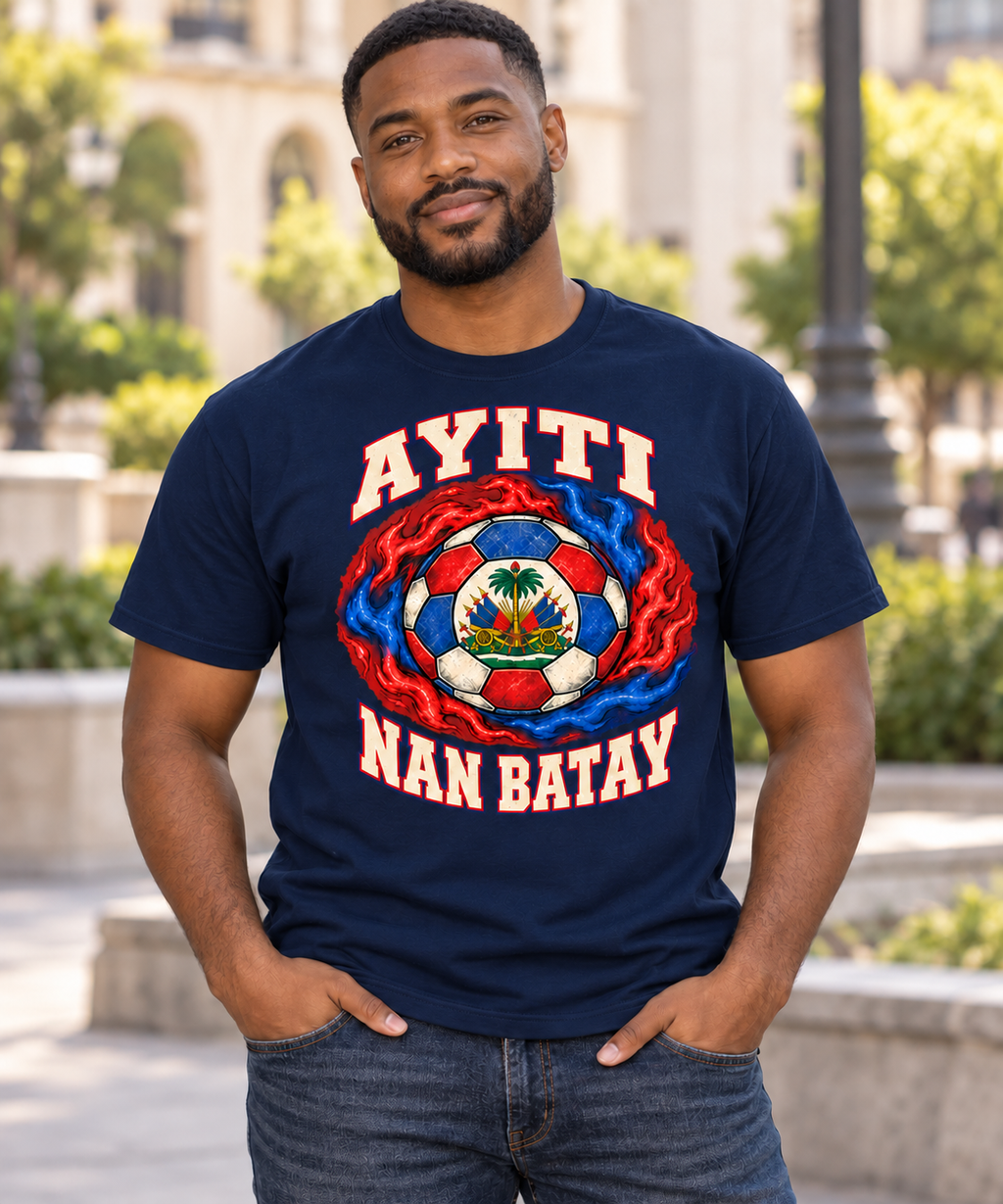 Male model wearing the navy blue Ayiti Nan Batay Flame T-Shirt