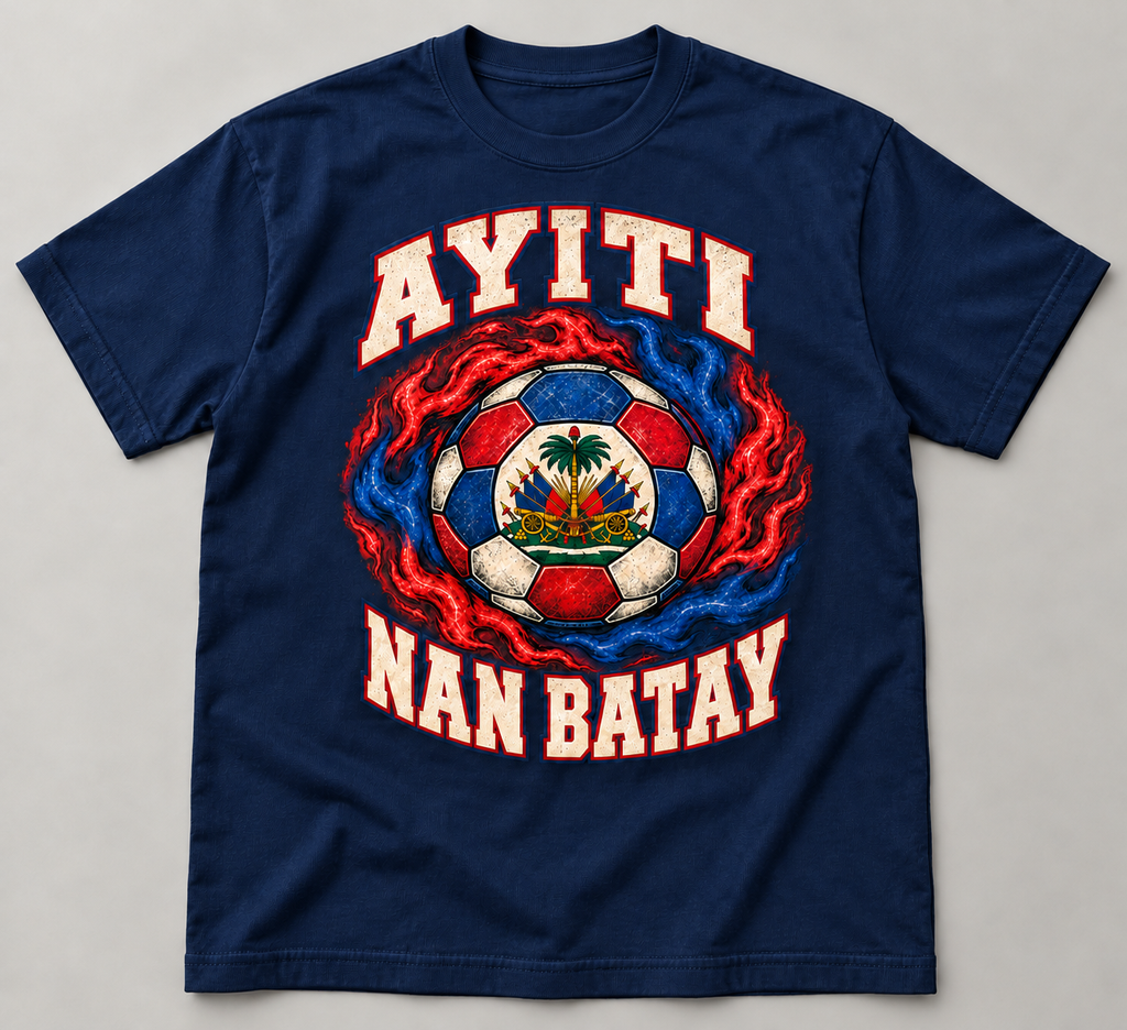 Navy blue heavyweight Ayiti Nan Batay Flame T-Shirt with distressed matte print