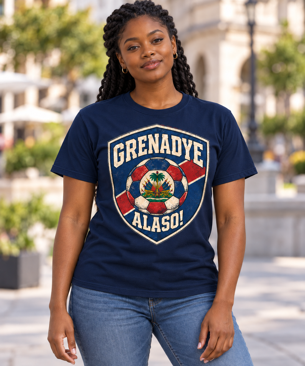 Female model wearing the navy blue Grenadye Alaso! Shield T-Shirt