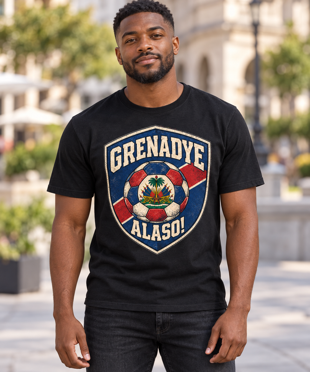 Male model wearing the black Grenadye Alaso shield T-shirt