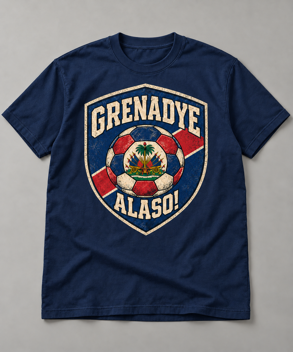 Navy blue heavyweight Grenadye Alaso! Shield T-Shirt with distressed matte print