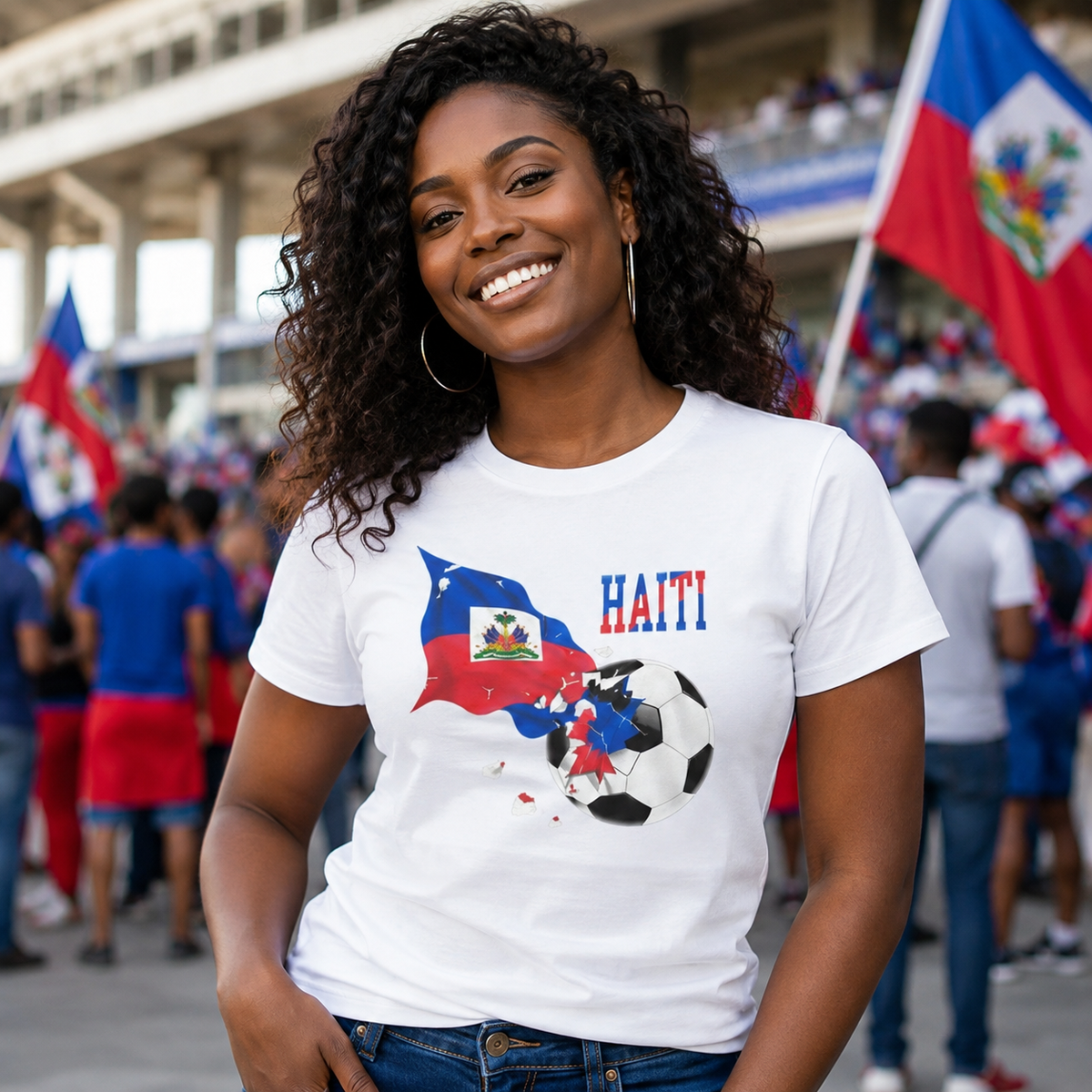 Female model wearing the white Haiti Soccer T-Shirt
