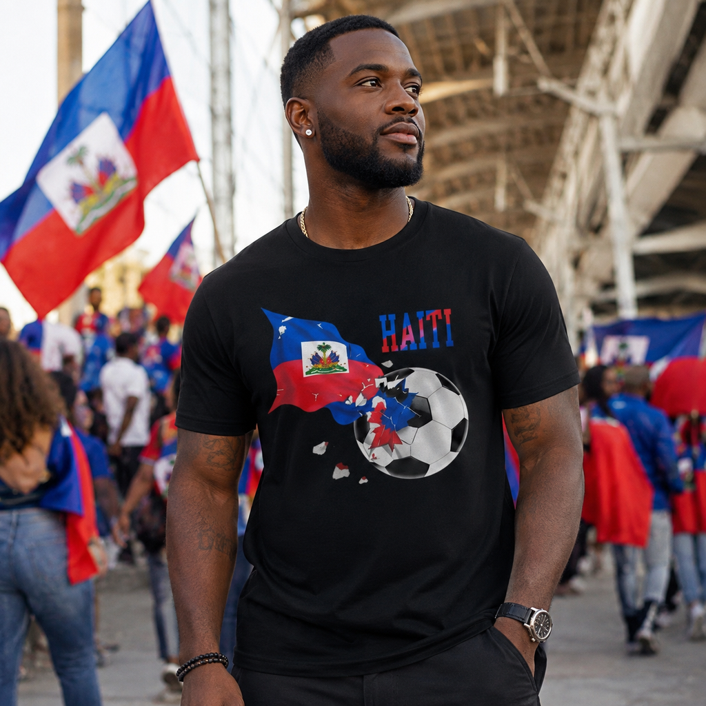 Male model wearing the black Haiti Soccer T-Shirt