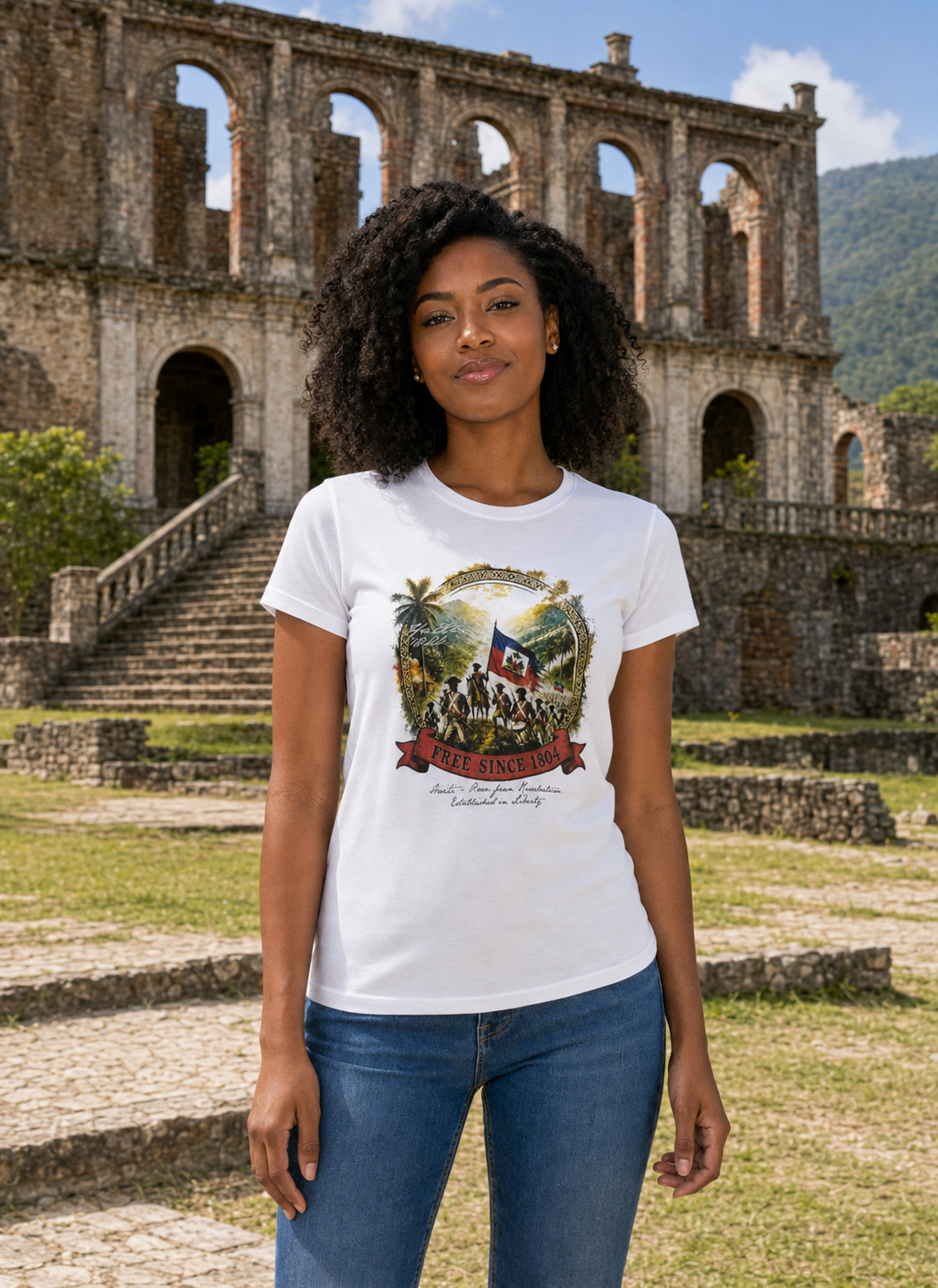 Female model wearing the white Haitian Revolution T-shirt at Sans-Souci Palace in Haiti