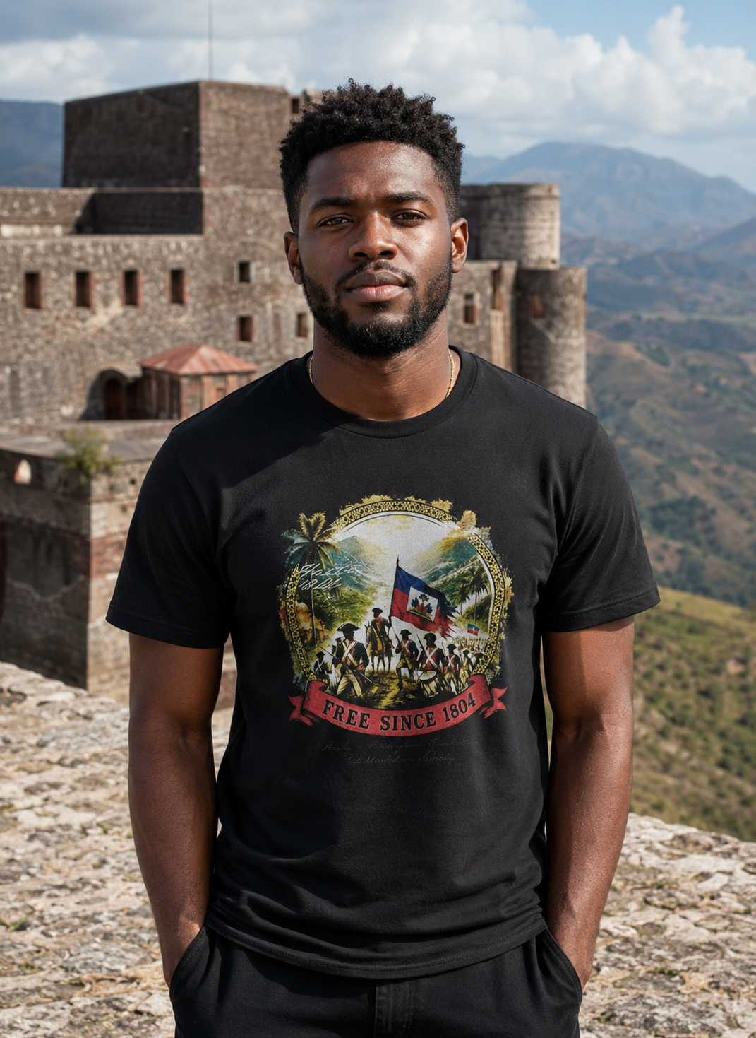 Male model wearing the black Haitian Revolution T-shirt at Citadelle Laferrière in Haiti