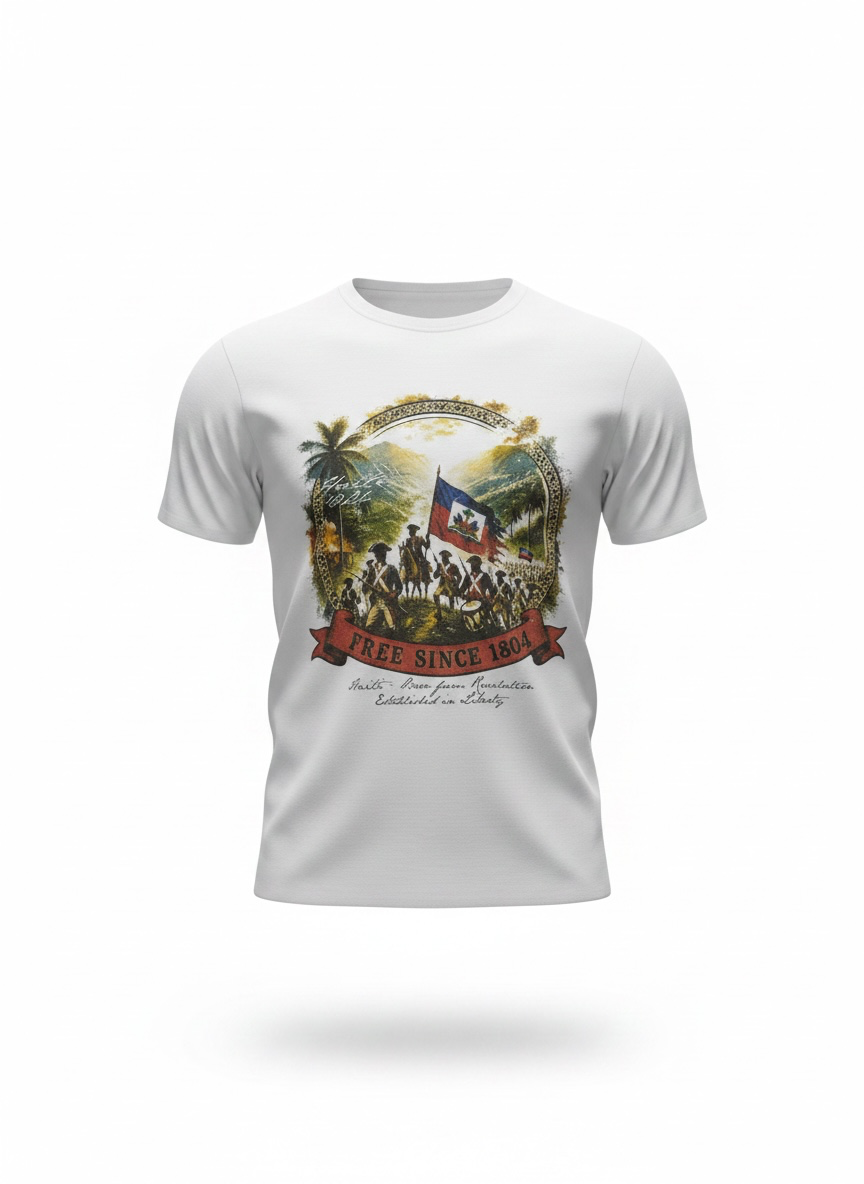 White Haitian Revolution T-shirt featuring the Free Since 1804 design
