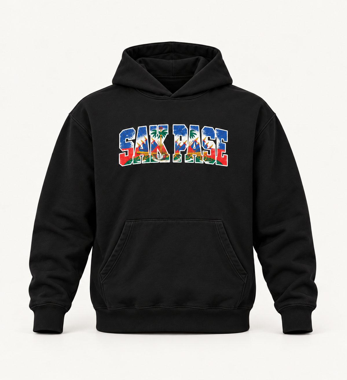 Black SAK PASE hoodie with smaller chest print and hood without drawstrings