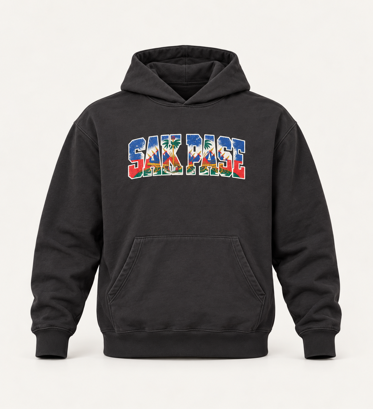 Dark gray SAK PASE hoodie with smaller chest print and hood without drawstrings