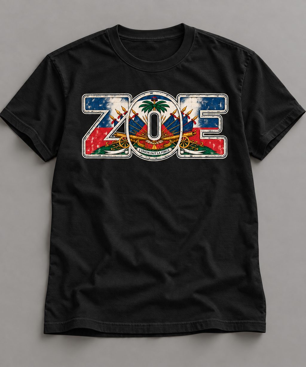 Black ZOE Heritage 6 oz heavyweight cotton T-shirt with vintage matte print and ivory border