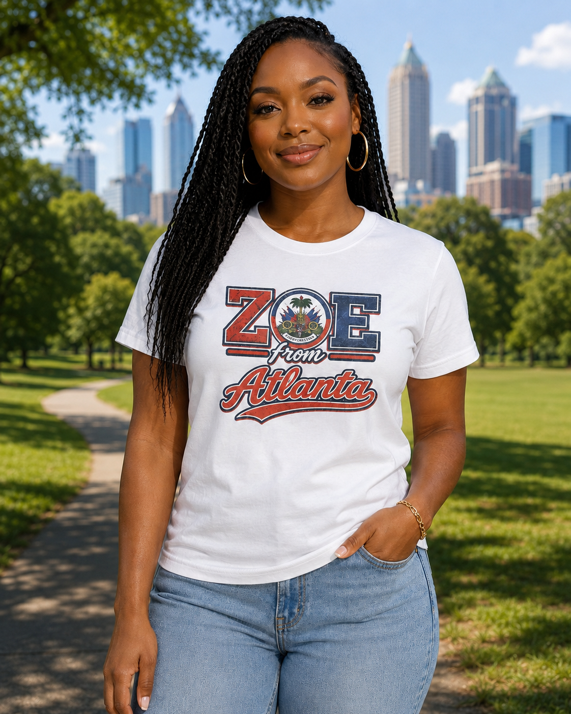 Female model wearing the white ZOE From Atlanta T-shirt in Piedmont Park with the Midtown skyline