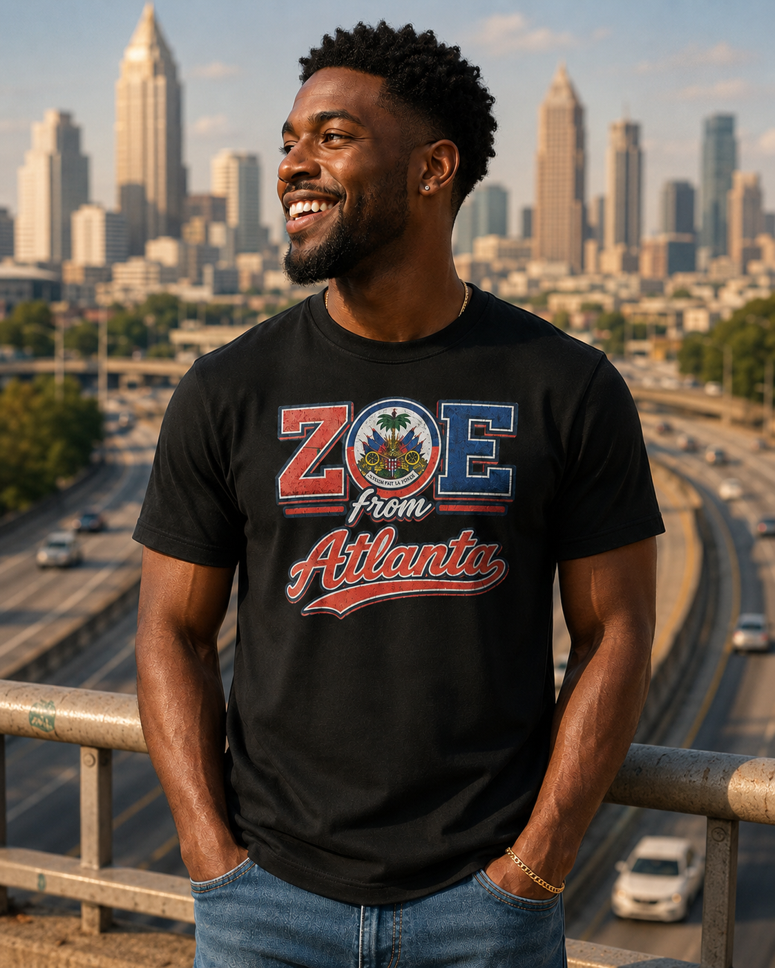 Male model wearing the black ZOE From Atlanta T-shirt at Jackson Street Bridge with the downtown skyline