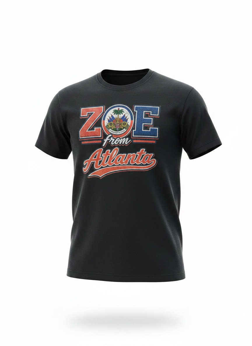 Black ZOE From Atlanta T-shirt featuring Haitian-inspired artwork