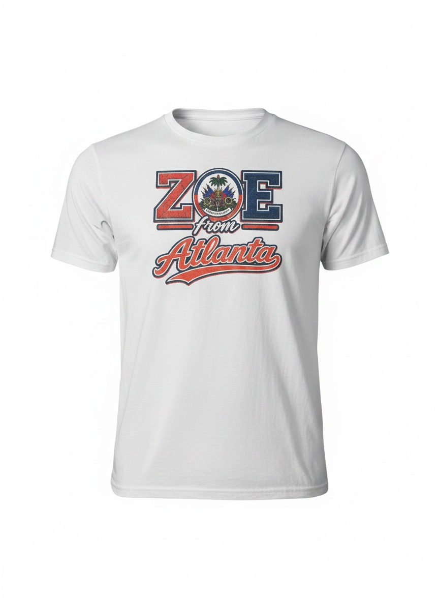 White ZOE From Atlanta T-shirt featuring Haitian-inspired artwork