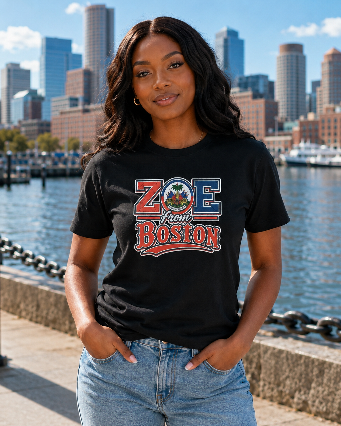 Female model wearing the black ZOE From Boston T-shirt at Boston Harbor
