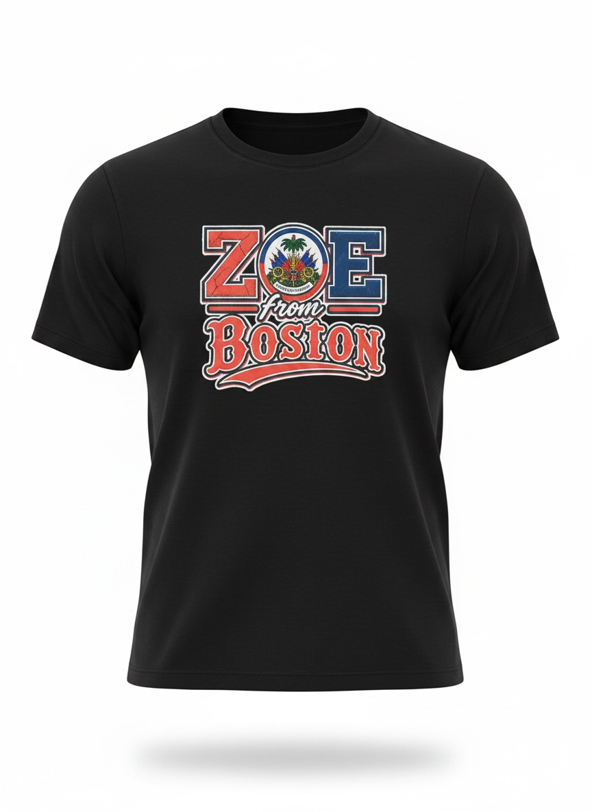 Black ZOE From Boston T-shirt featuring Haitian-inspired artwork