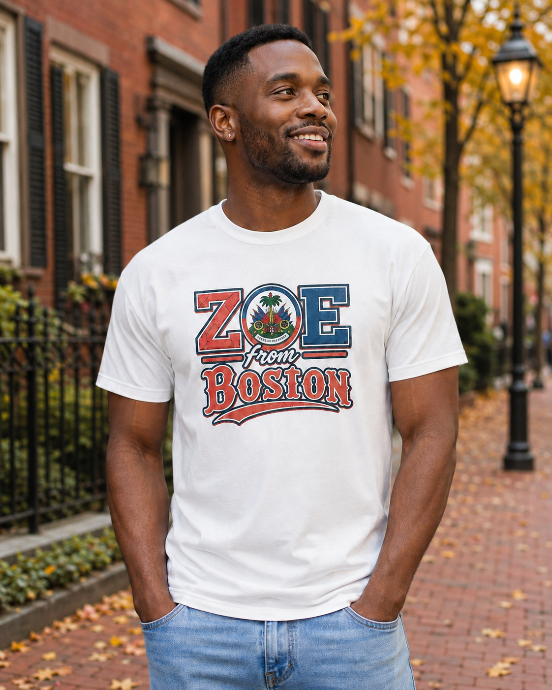 Male model wearing the white ZOE From Boston T-shirt in Beacon Hill