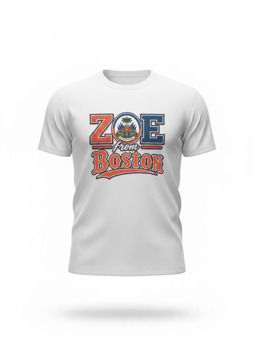 White ZOE From Boston T-shirt featuring Haitian-inspired artwork