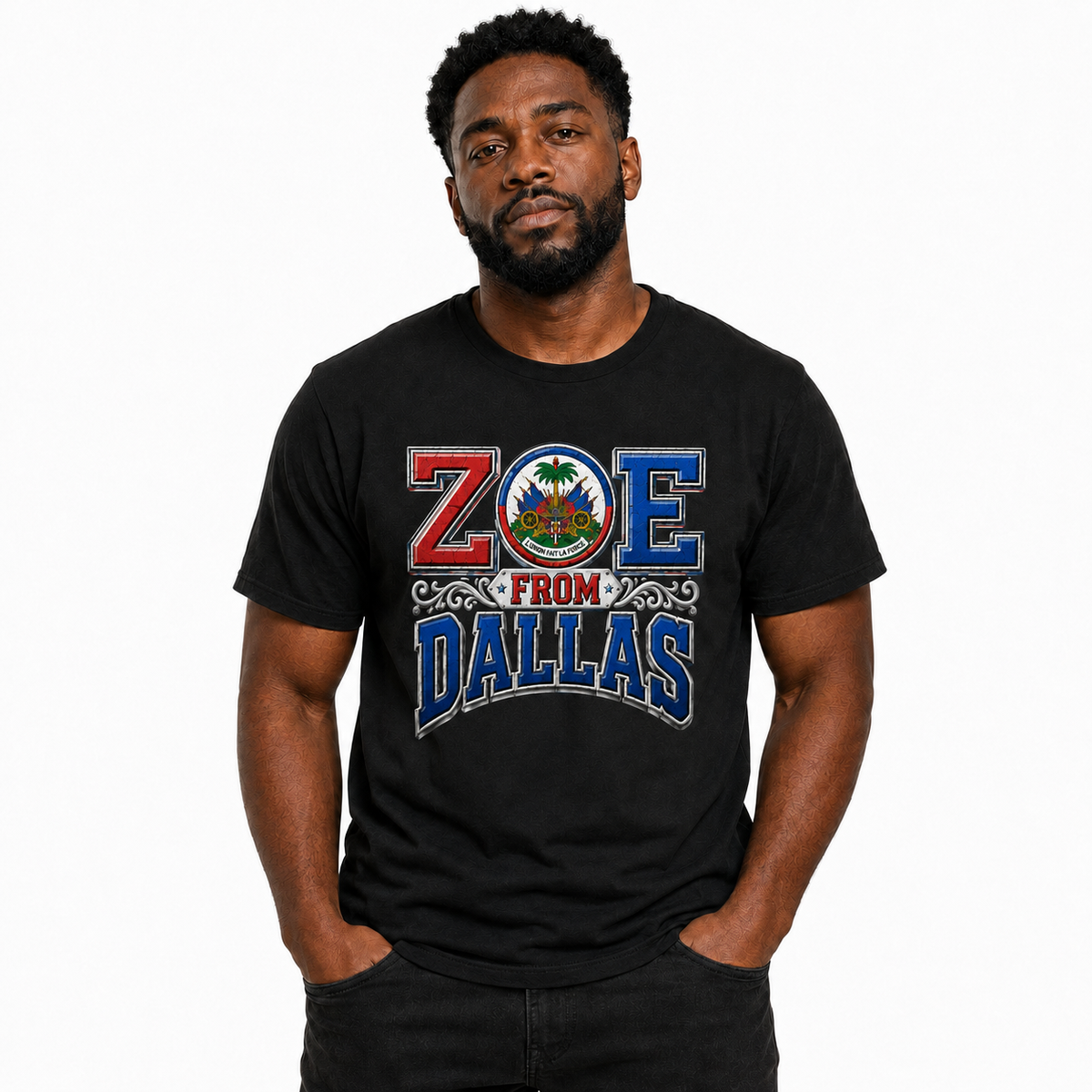 Male model wearing black ZOE From Dallas T-Shirt