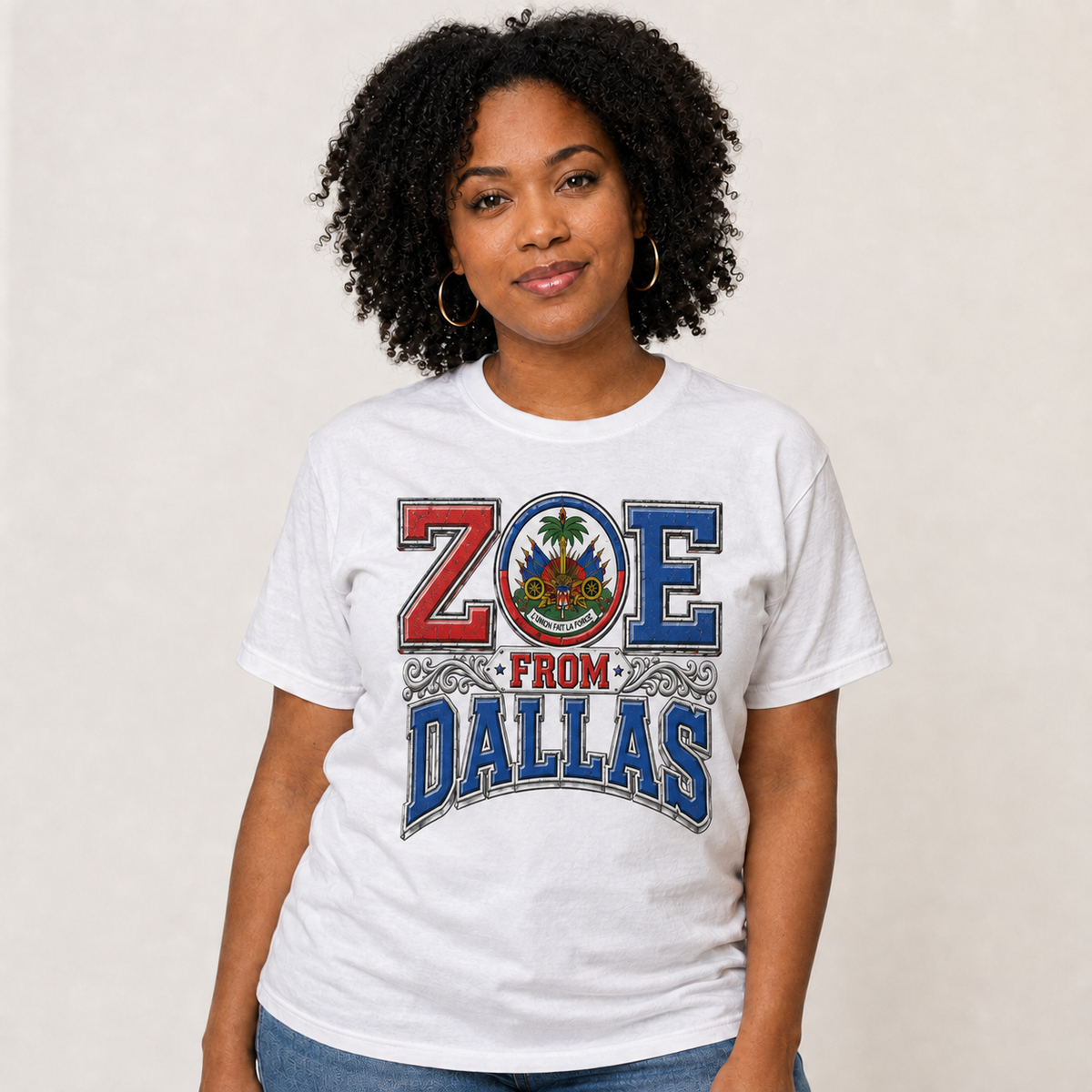 Female model wearing white ZOE From Dallas T-Shirt