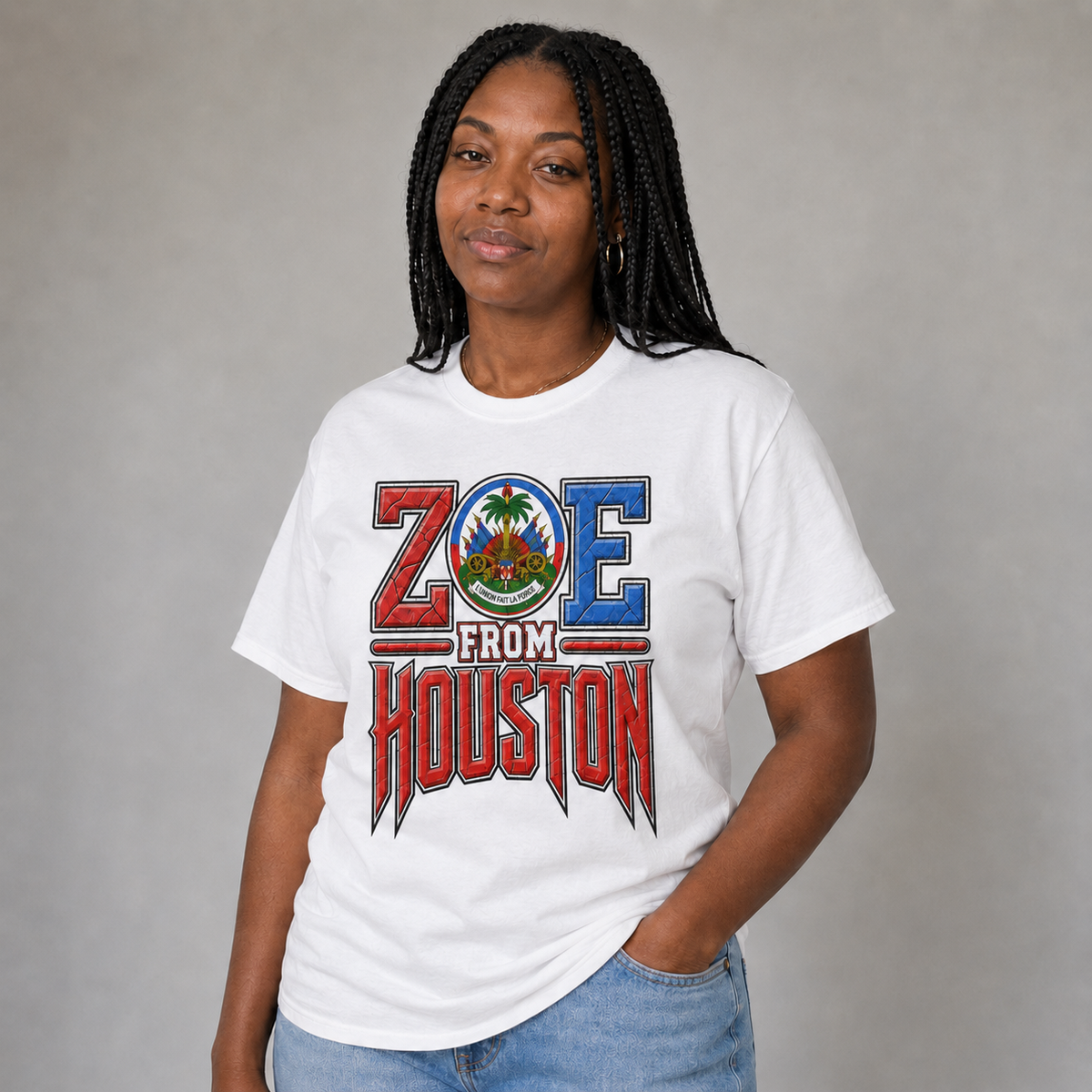 Female model wearing naturally printed white ZOE From Houston T-Shirt