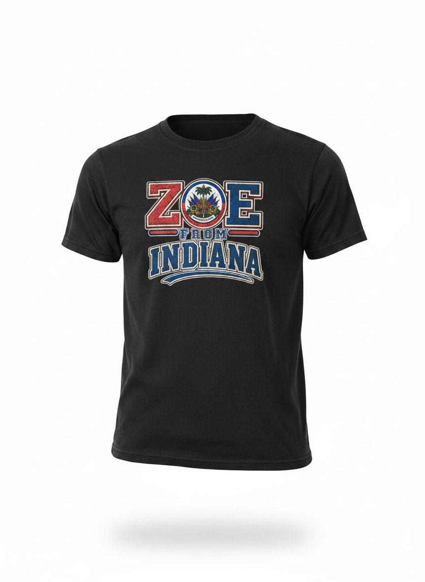 Black ZOE From Indiana T-shirt featuring Haitian-inspired artwork