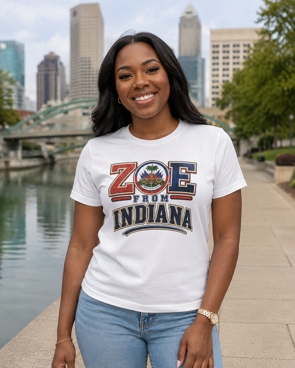 Female model wearing the white ZOE From Indiana T-shirt on the Indianapolis Canal Walk