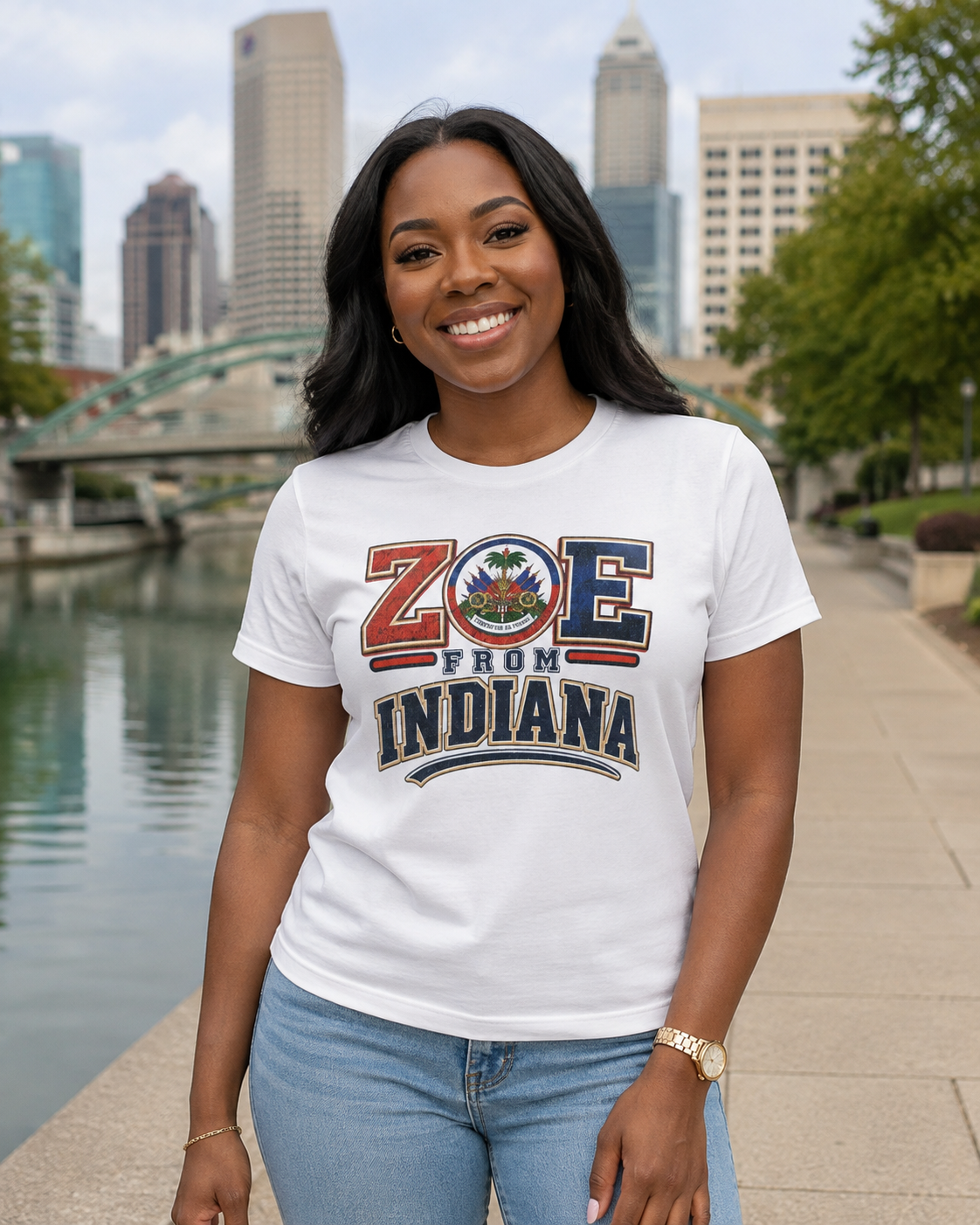 Female model wearing the white ZOE From Indiana T-shirt on the Indianapolis Canal Walk