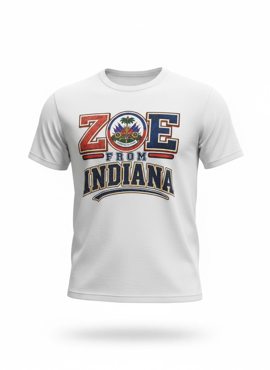 White ZOE From Indiana T-shirt featuring Haitian-inspired artwork