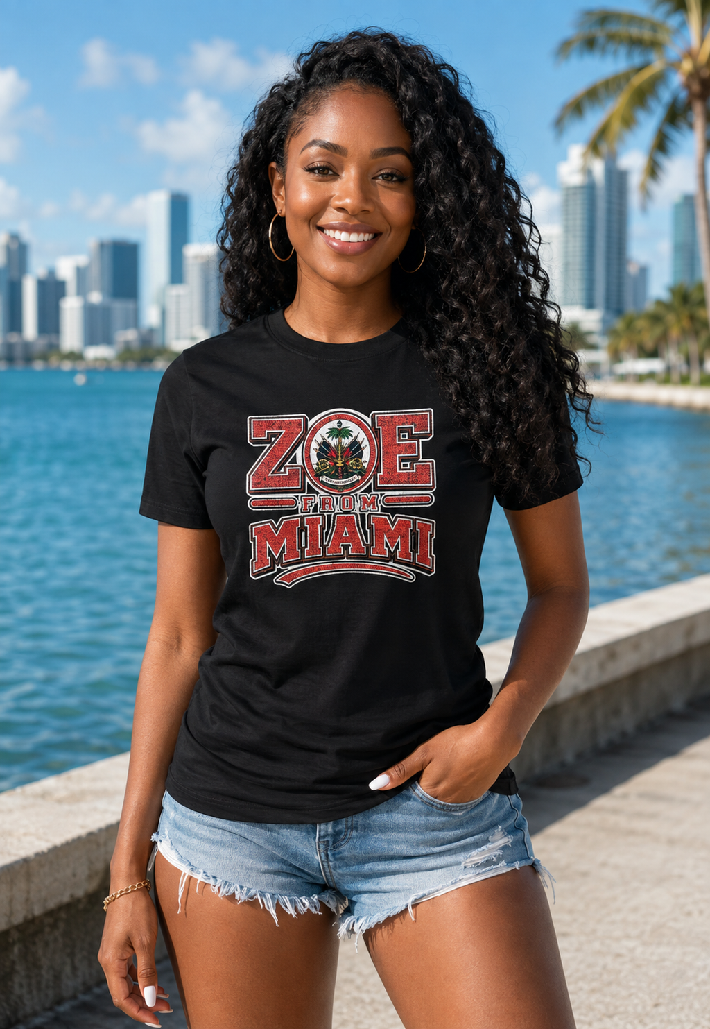 Female model wearing the black ZOE From Miami T-shirt by Biscayne Bay with the Miami skyline
