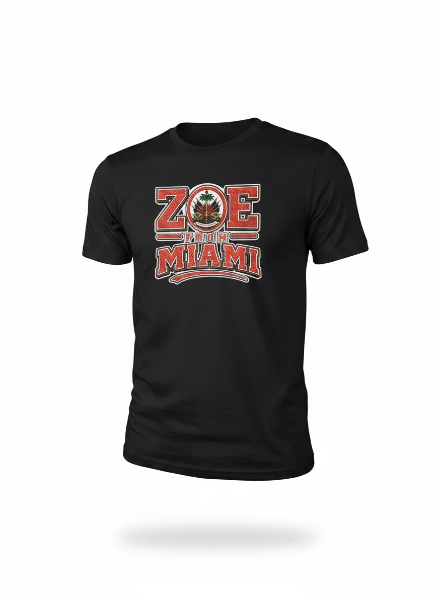 Black ZOE From Miami T-shirt featuring Haitian-inspired artwork