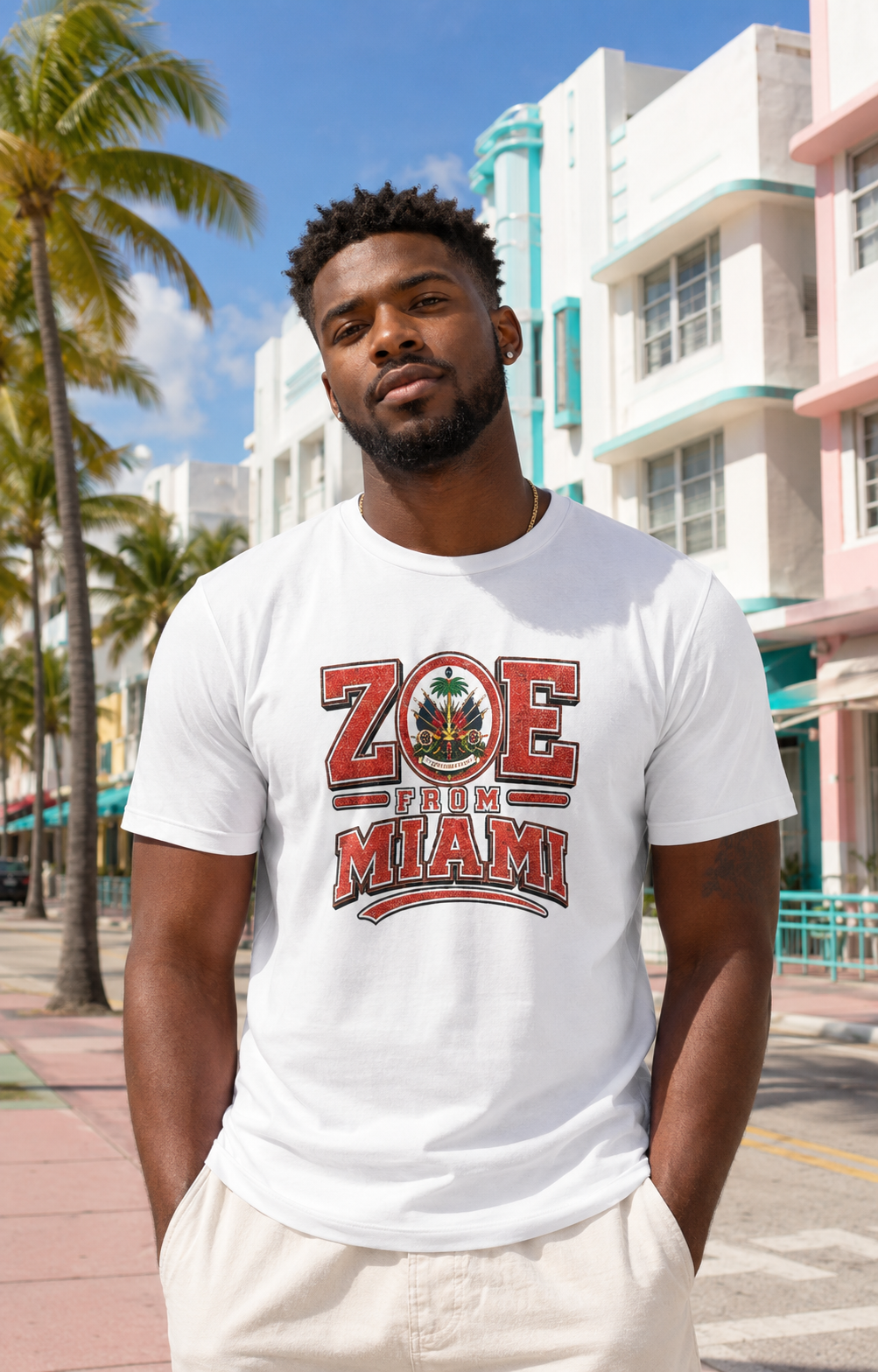 Male model wearing the white ZOE From Miami T-shirt on Ocean Drive in Miami Beach