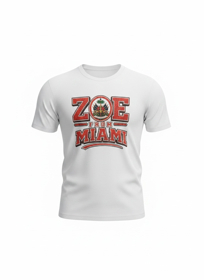 White ZOE From Miami T-shirt featuring Haitian-inspired artwork