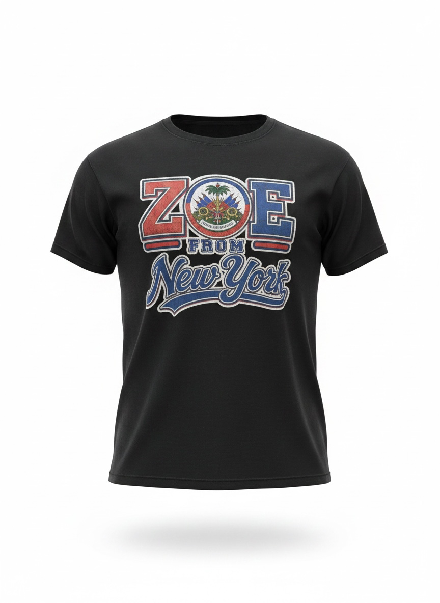 Black ZOE From New York T-shirt featuring Haitian-inspired red and blue artwork