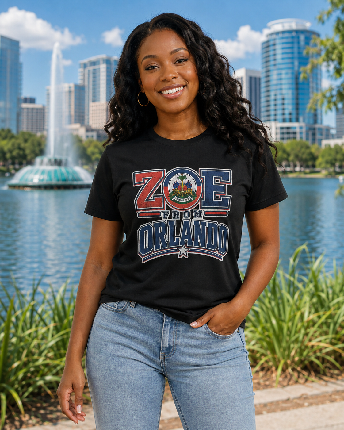 Female model wearing the black ZOE From Orlando T-shirt at Lake Eola with the fountain and skyline
