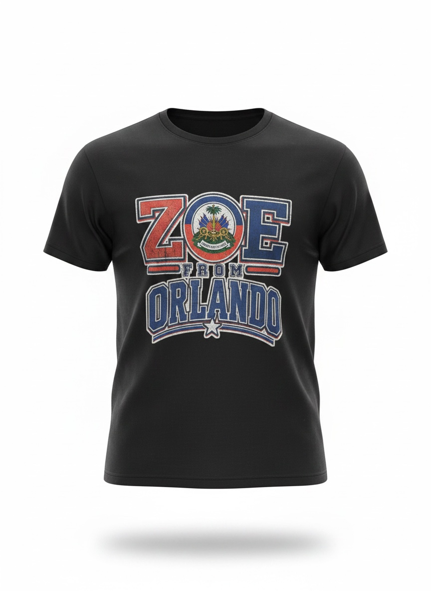 Black ZOE From Orlando T-shirt featuring Haitian-inspired red and blue artwork