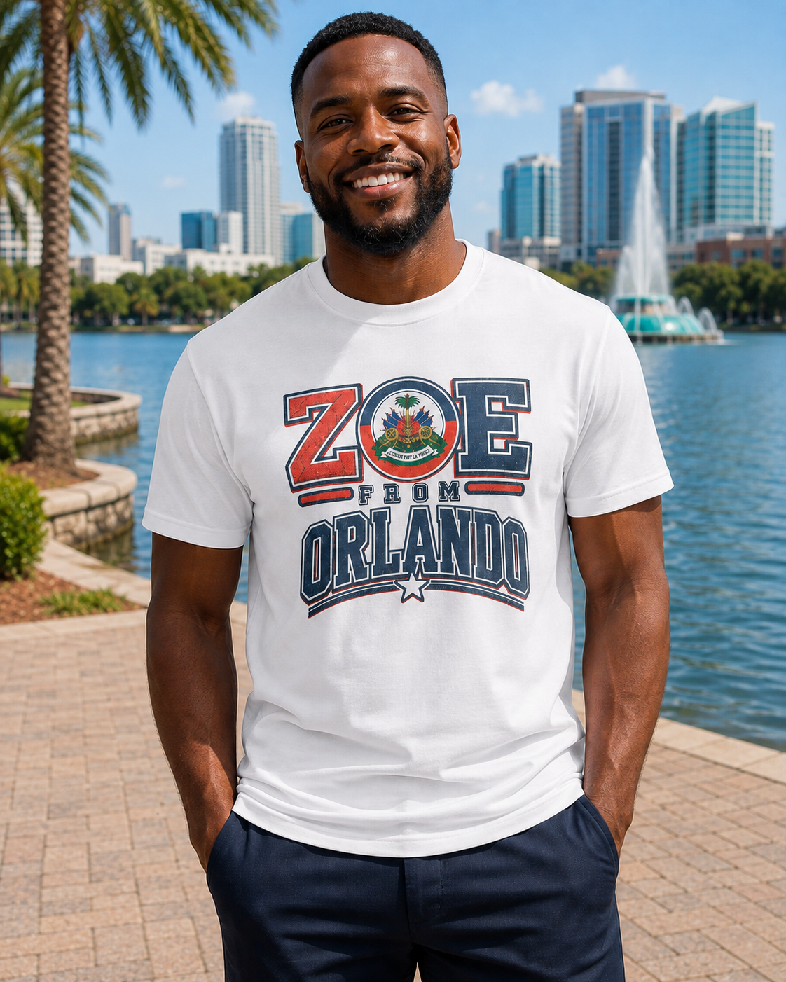 Male model wearing the white ZOE From Orlando T-shirt at Lake Eola with the downtown skyline