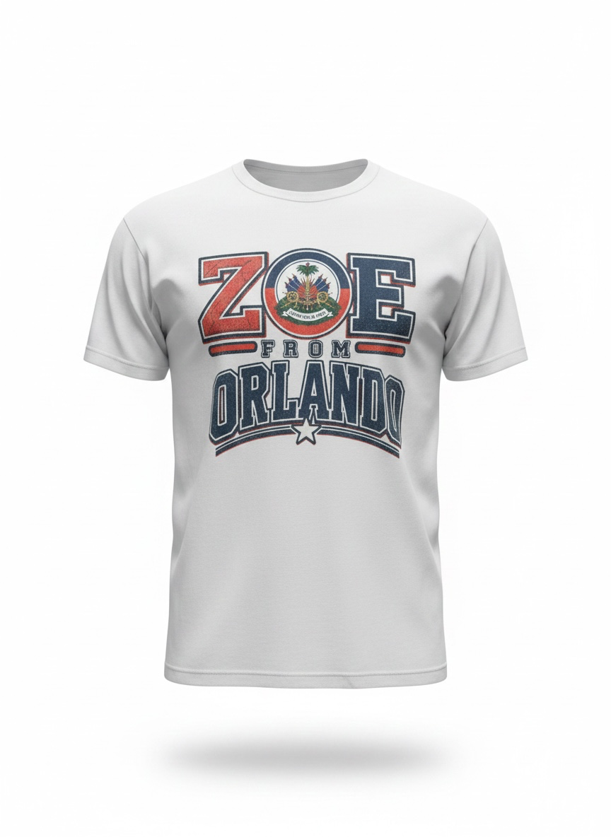White ZOE From Orlando T-shirt featuring Haitian-inspired red and blue artwork