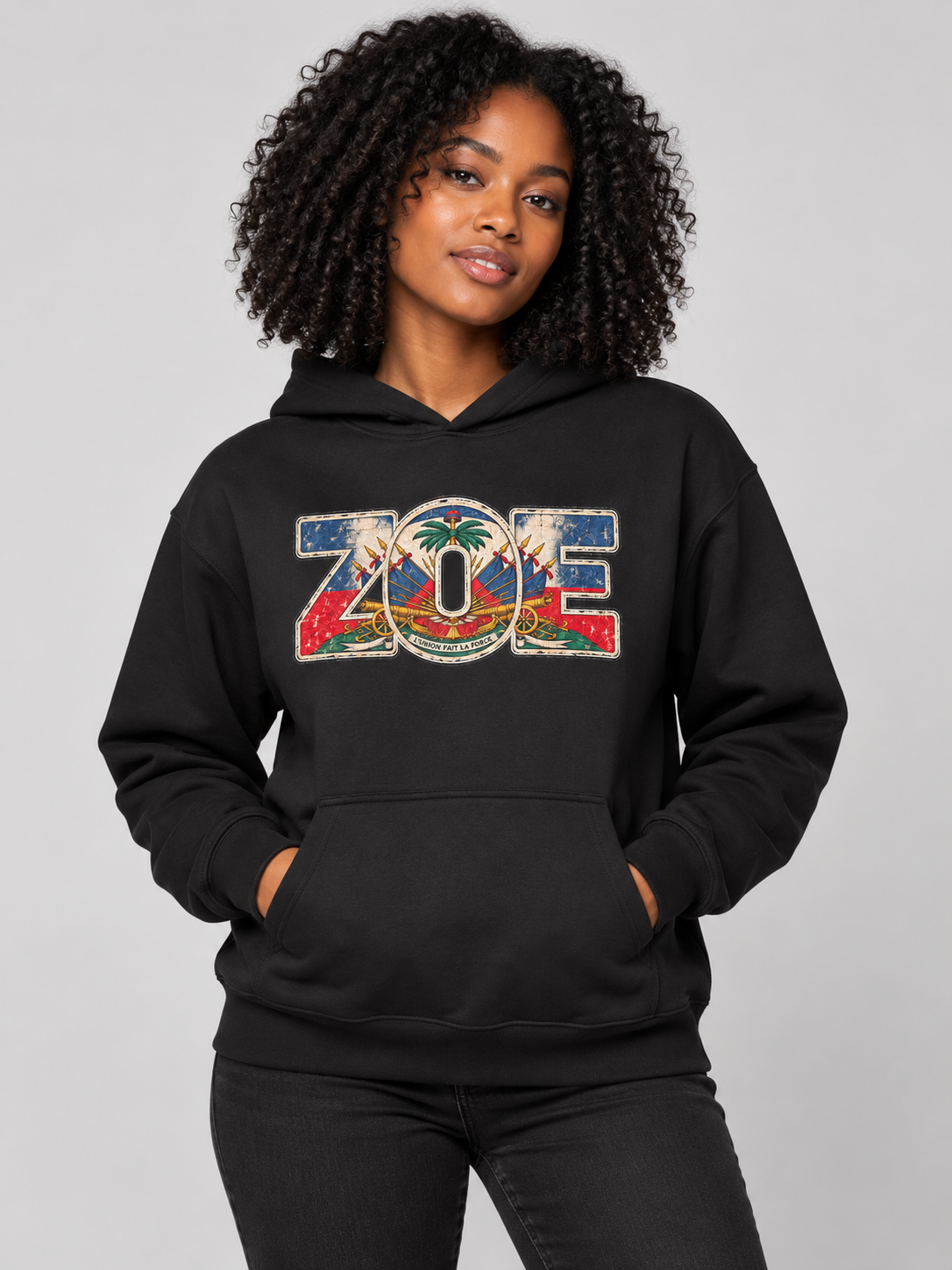 Female model wearing black ZOE Heritage Hoodie