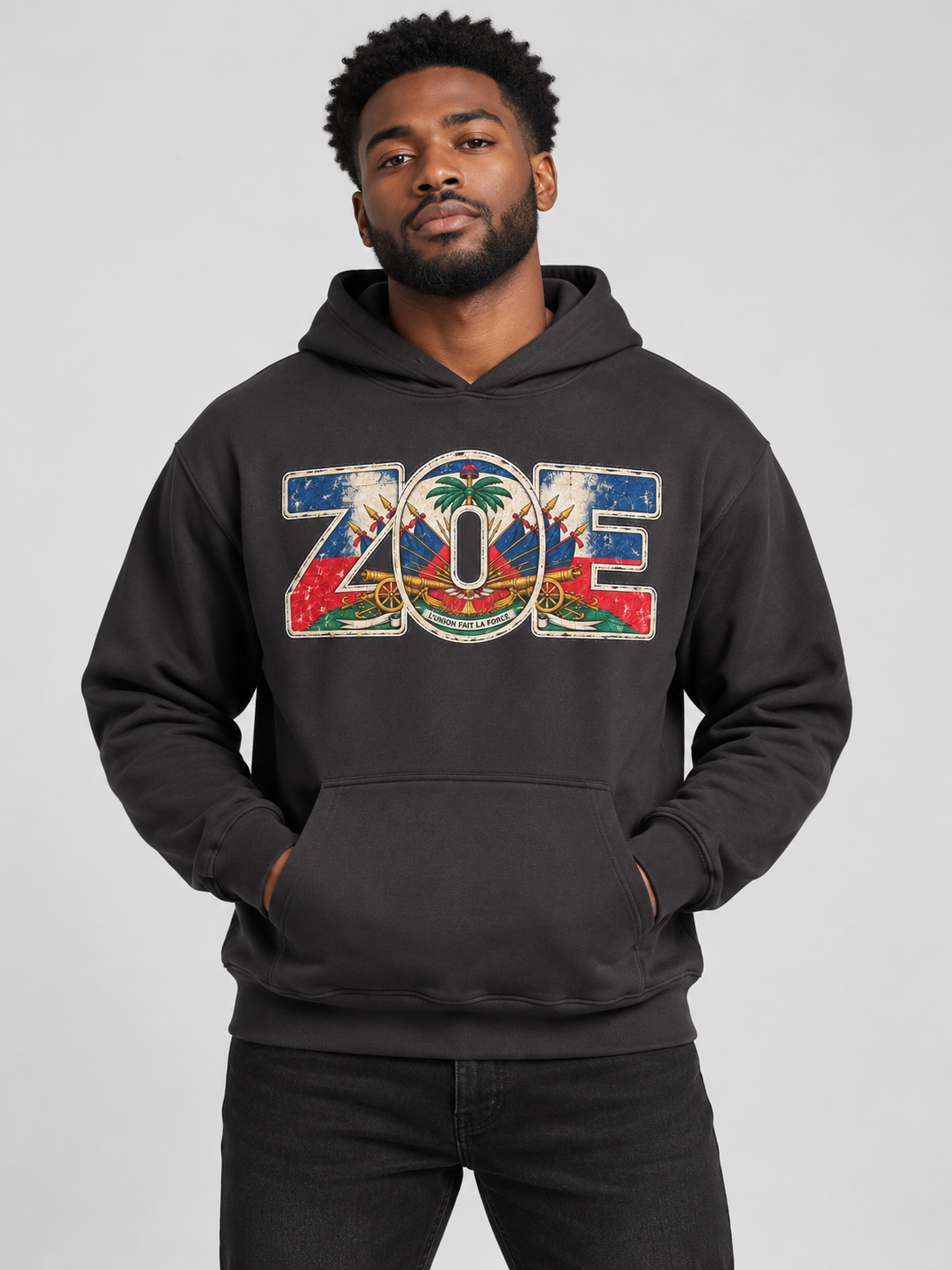 Male model wearing dark gray ZOE Heritage Hoodie